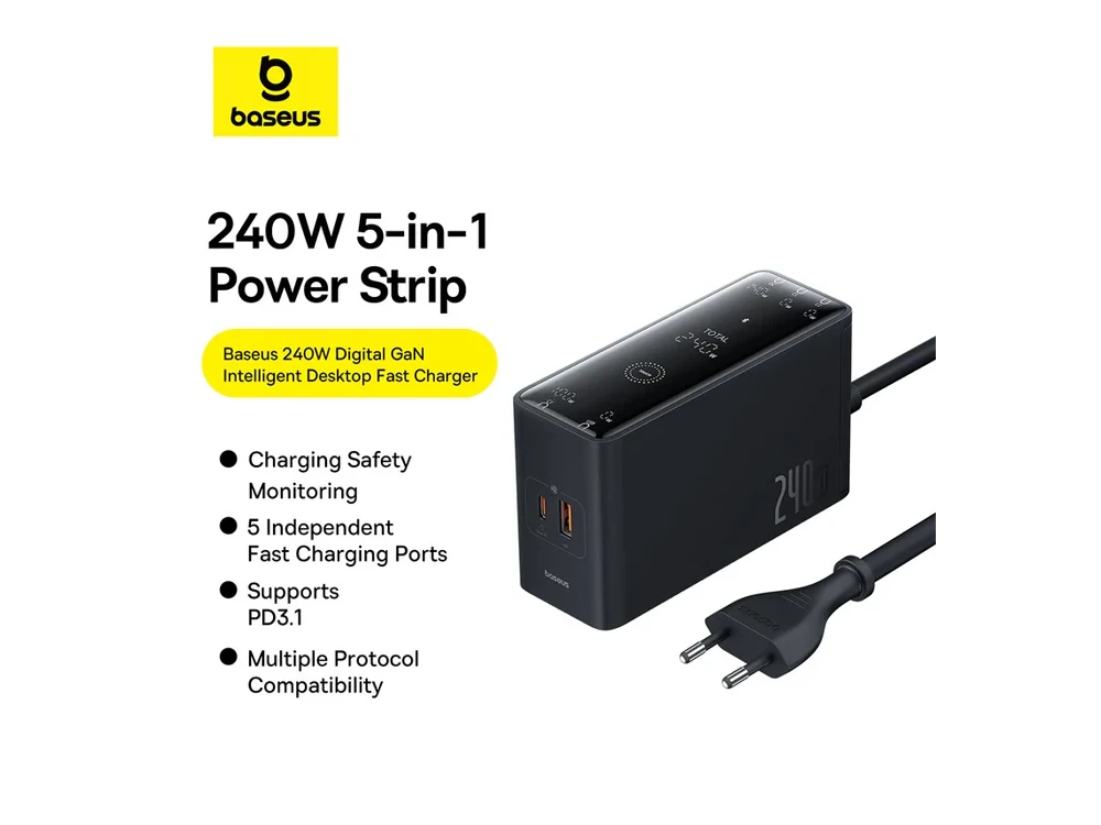 Baseus 240W GaN3 Pro Charger – PD3.1 / QC4.0 / AFC / FCP, 3x USB-C + USB-A, Black – view 2