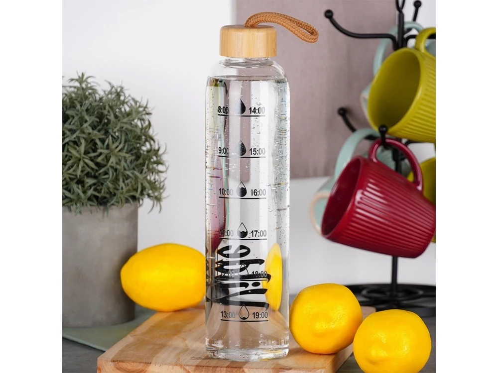 Vilde Glass Water Bottle 1L with Time Marker, Bamboo Lid & Airtight Seal – view 2