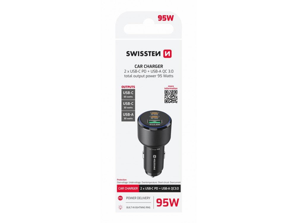 Swissten Car Charger 95W PD3.0 + QC4.0 – 2× USB-C + USB-A, Blue LED, Black – view 2