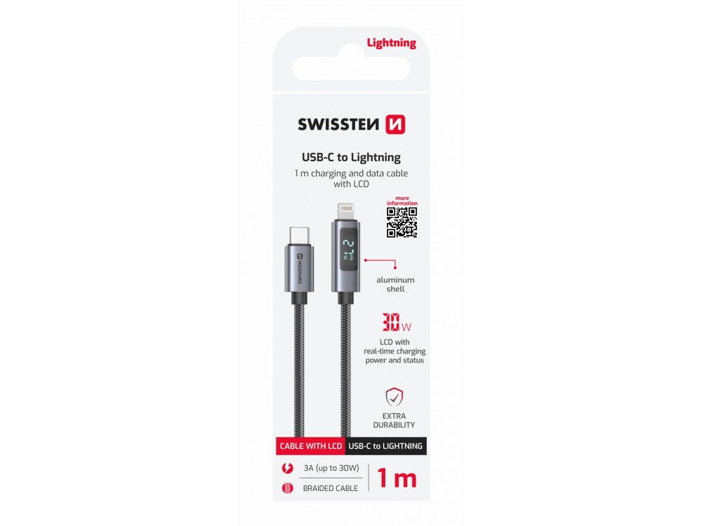 Swissten USB-C to Lightning Cable 1m 30W with LCD Display – Nylon Braided, Black – view 2