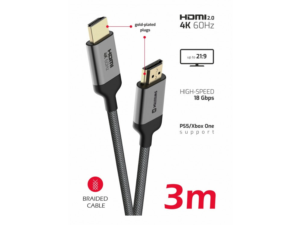 Swissten HDMI 2.0 Cable 3m – 4K@60Hz, HDR, VRR, 18Gbps, Gold Plated Nylon Braided – view 2