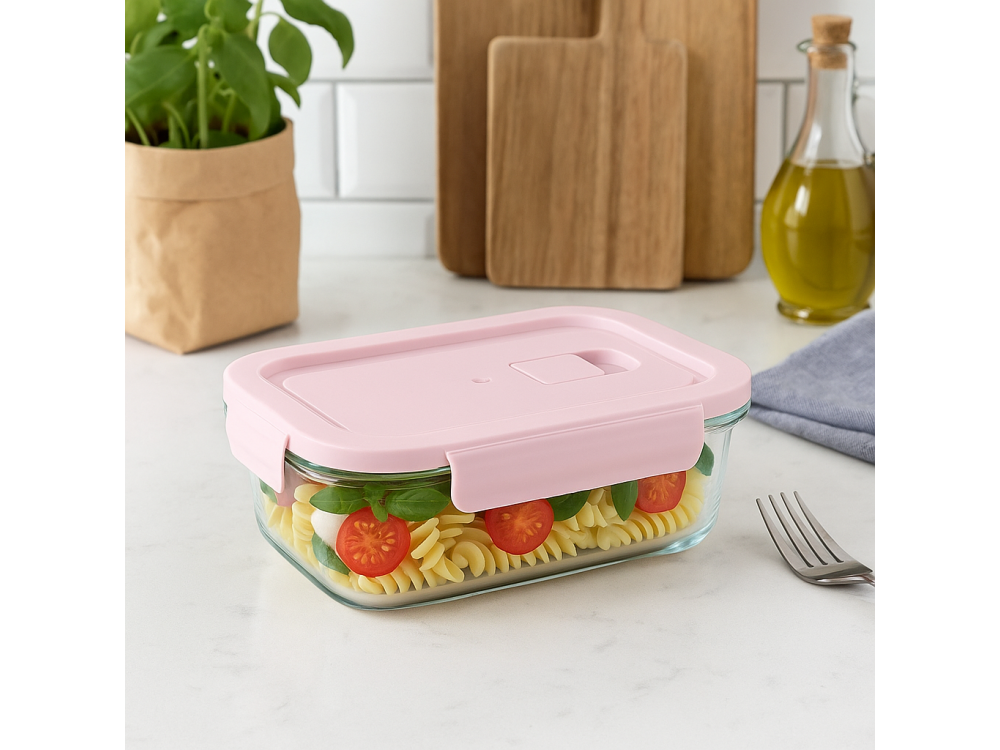 AJ Glass Food Container 680ml 17x12.5x5.5cm – Airtight, Pink Lid – view 2
