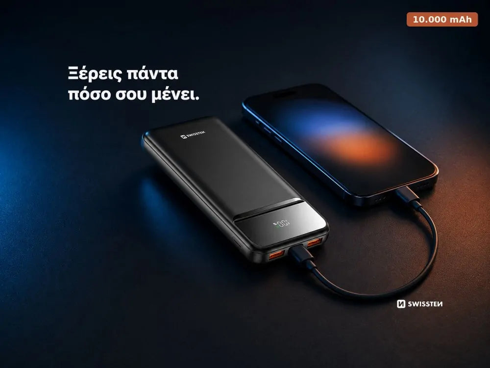 Swissten Power Line II 10000mAh 22.5W PD Power Bank – 3 Ports, LED %, Black – view 2