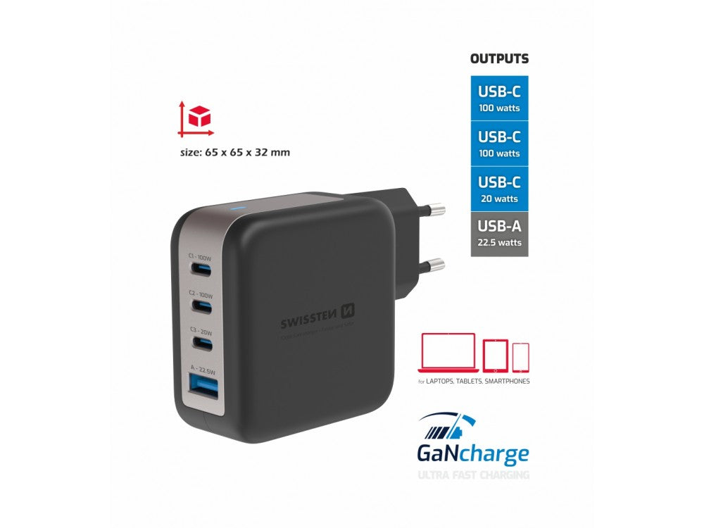 Swissten GaN 100W 4-Port Wall Charger – 3× USB-C, USB-A, PD/PPS, Black – view 2