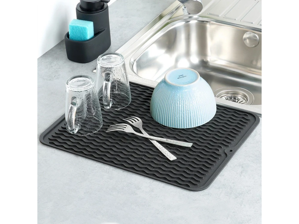 Vilde Silicone Dish Drying Mat 40x30cm – Roll-Up, Drainage Grooves, Black – view 2
