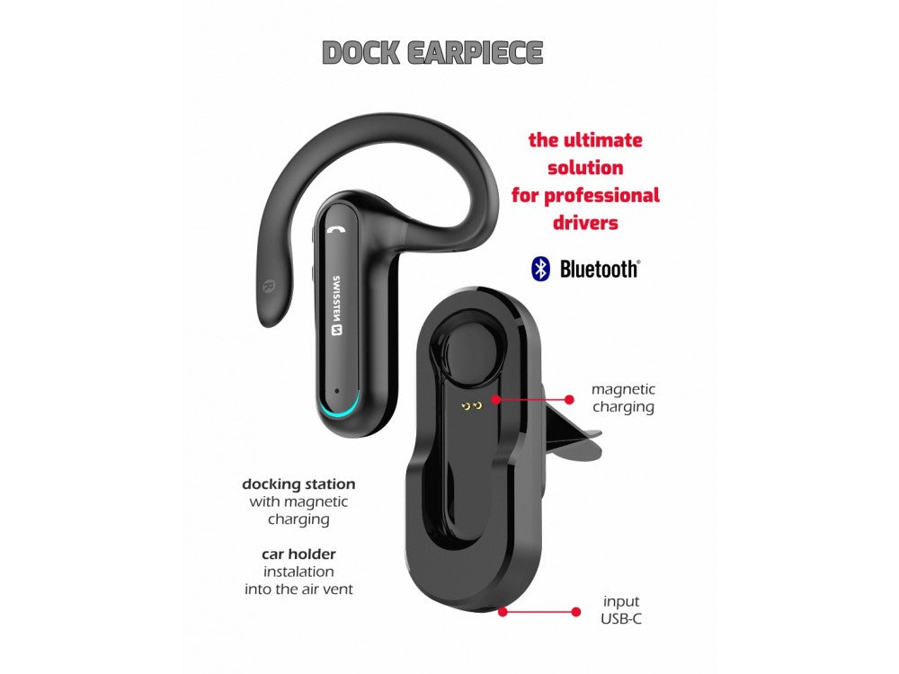 Swissten Dock Earpiece Bluetooth 5.0 In-Ear Handsfree with Magnetic Charging Dock – Black – view 2