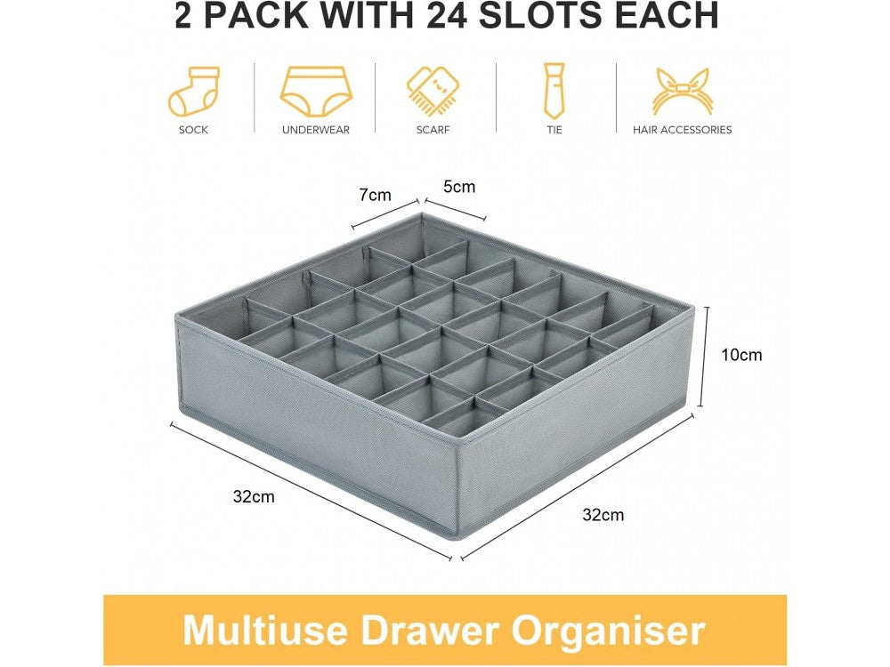 AJ 2-Pack Fabric Foldable Drawer Organizer for Socks & Underwear 24 Cells, 32×32×10cm – Grey – view 2