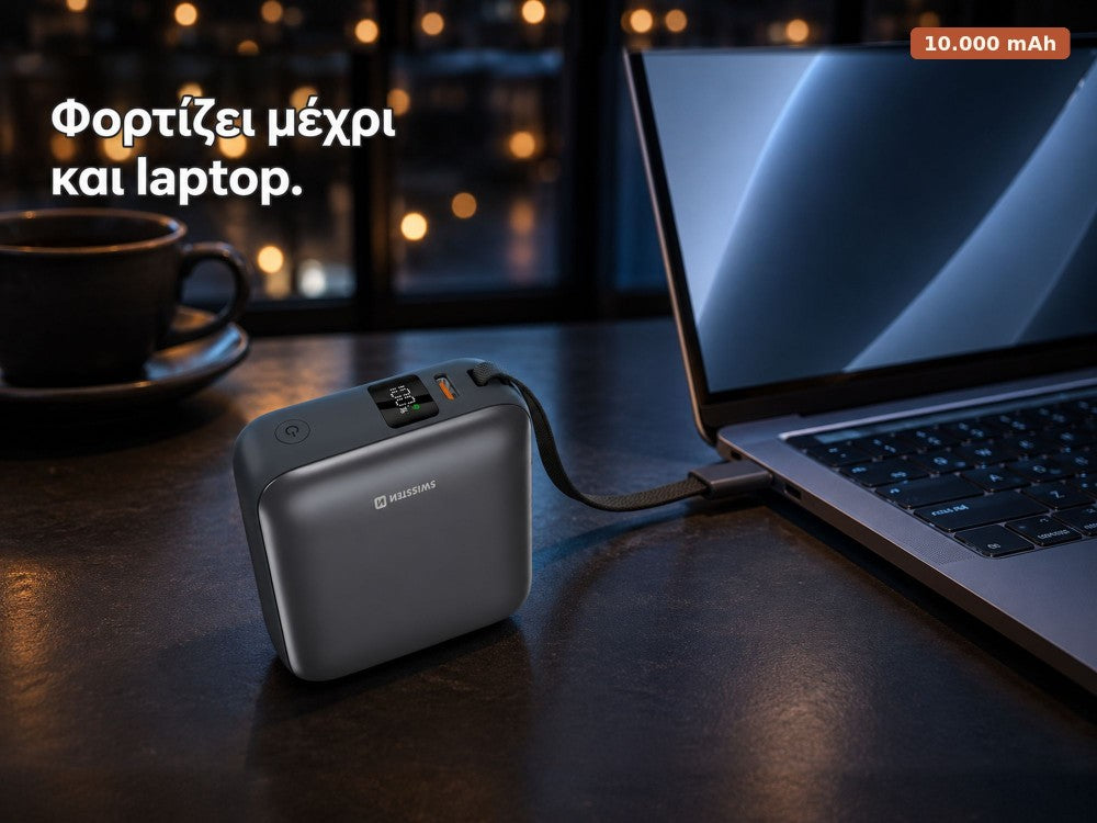 Swissten Space Power Bank 10000mAh 35W – LCD Display, USB-C + Built-in USB-C Cable, Silver – view 2