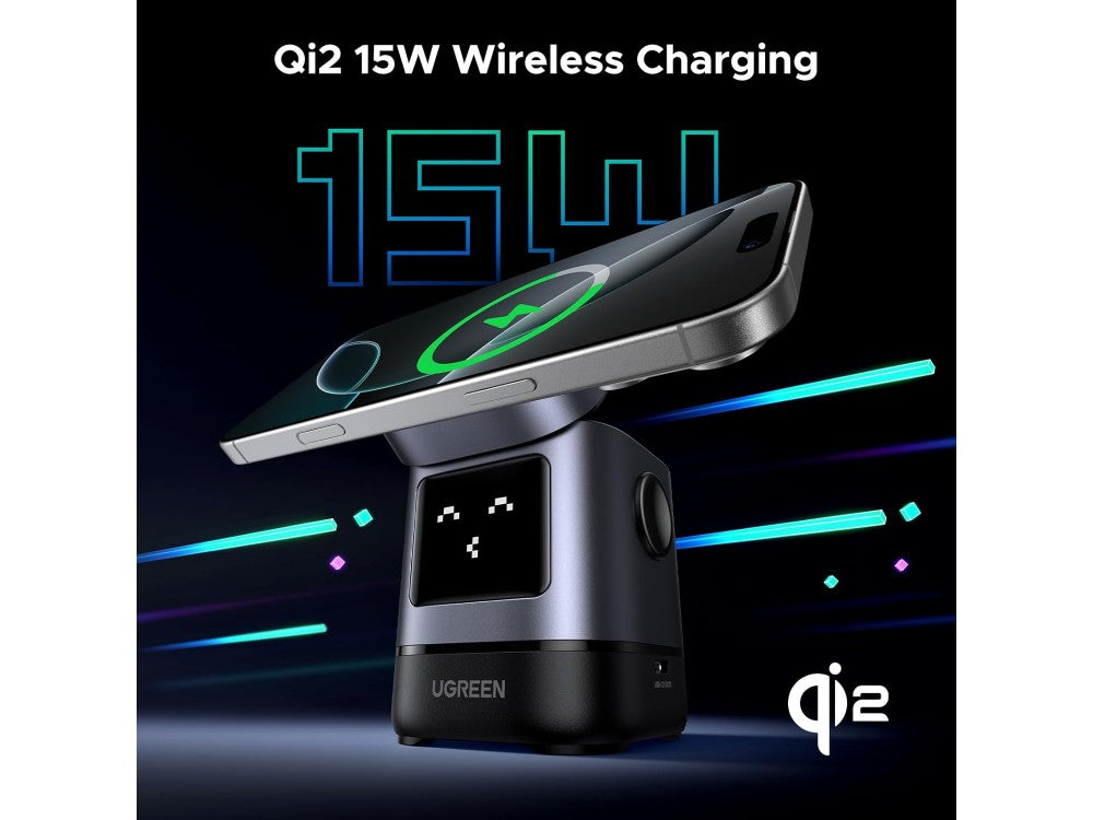 Ugreen Uno Qi2 MagSafe Wireless Charger Stand 15W – iPhone & AirPods, Robot Display, Black – view 2