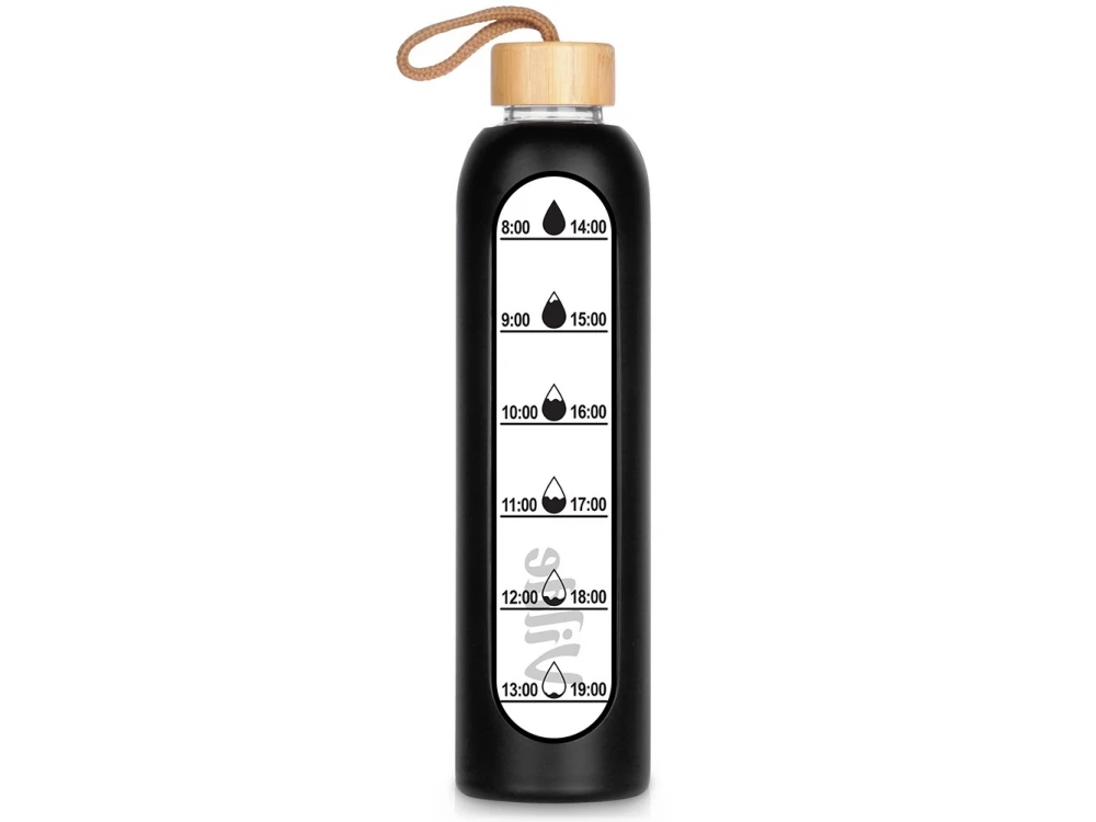 Vilde Glass Water Bottle 1L with Time Markings, Airtight Bamboo Lid & Silicone Sleeve – Black – view 2