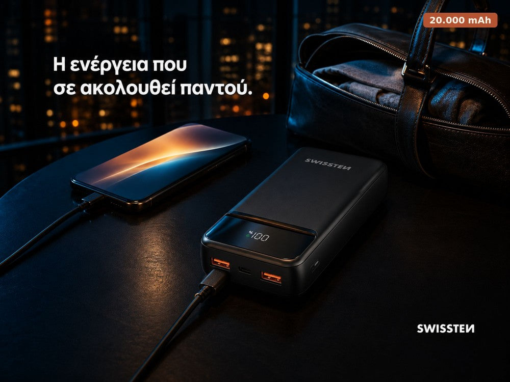 Swissten Power Line II 20000mAh 22.5W PD Power Bank – 3 Ports, LED Display, Black – view 2