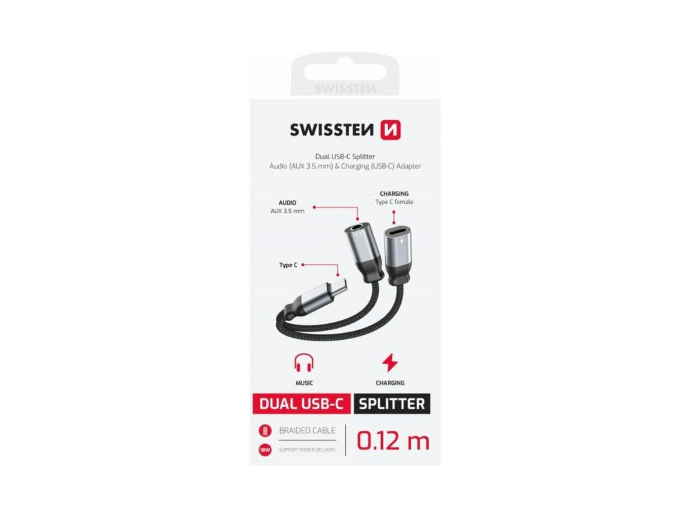 Swissten Textile USB-C Audio + Charging Adapter – USB-C Male to USB-C Female + 3.5mm AUX, 12cm, Black – view 2