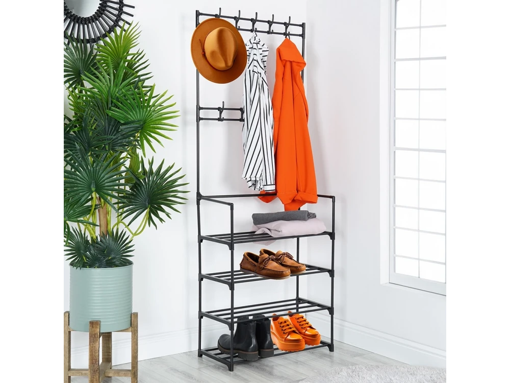 Vilde Metal Hallway Unit with Coat Rack & Shoe Rack – 57 × 28 × 156 cm, Matte Black – view 2