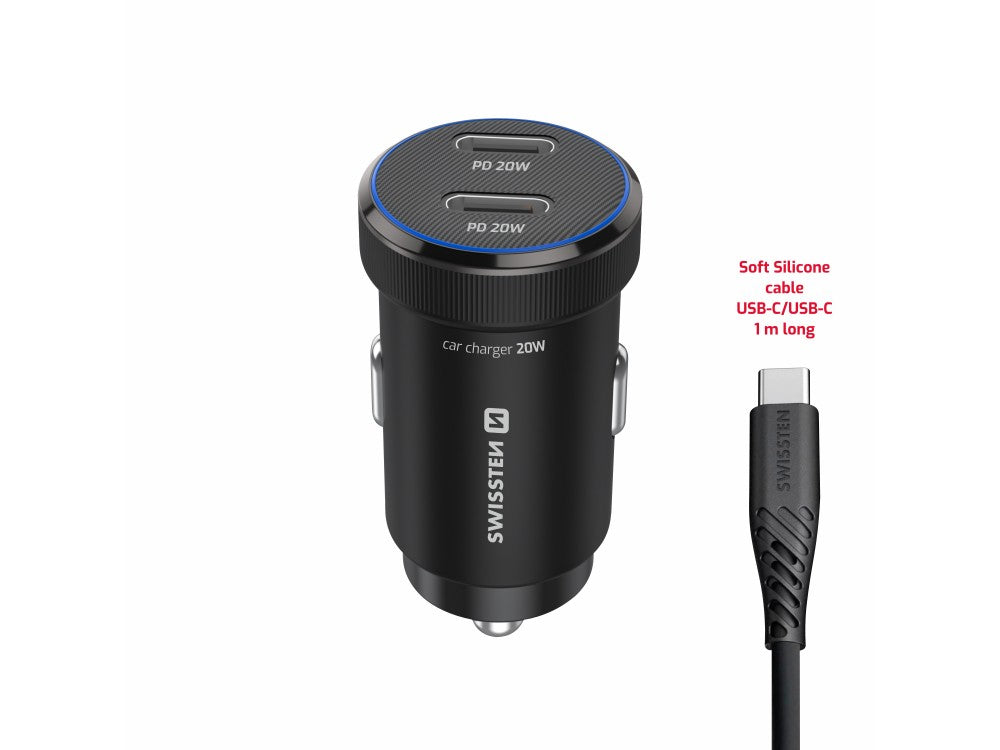 Swissten Car Charger 20W – Dual USB-C PD 3.0 with USB-C Cable, Black – view 2