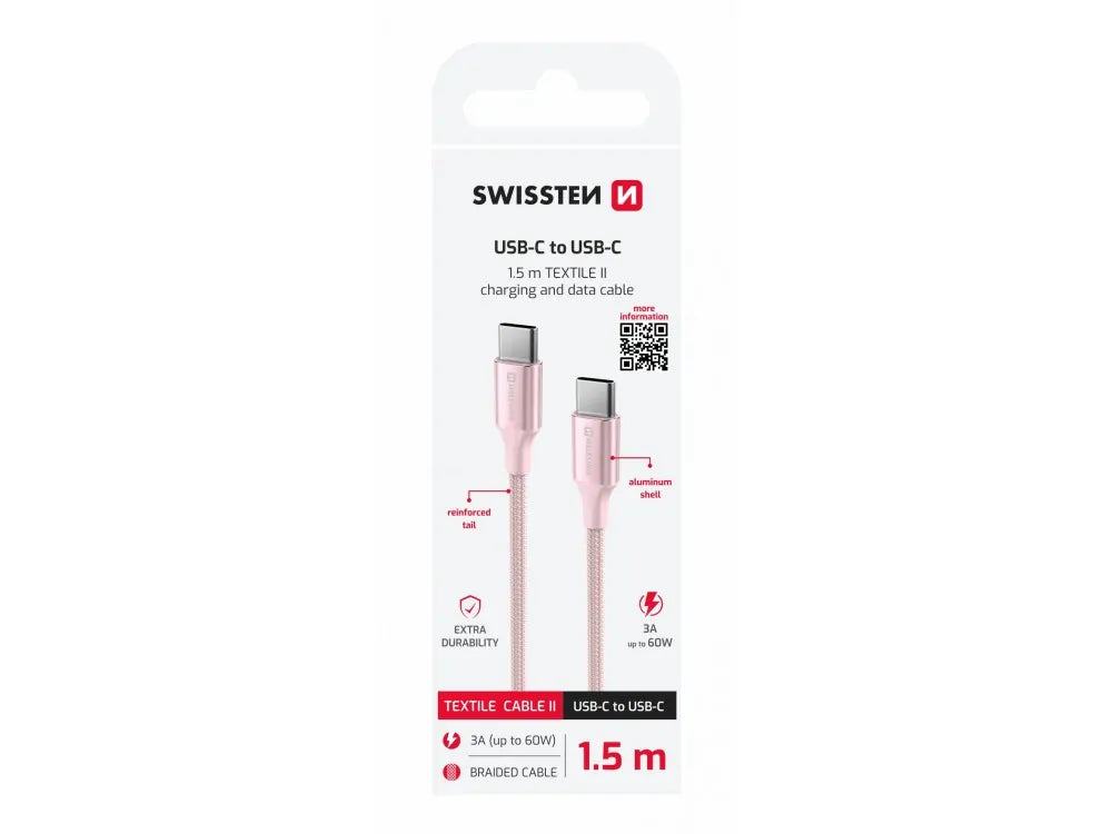 Swissten Durable Textile II USB-C to USB-C Cable 1.5m 60W – Nylon Braided, Pink – view 2