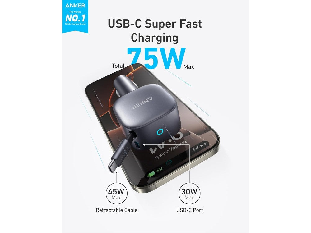 Anker Nano Car Charger 75W – Retractable USB-C Cable + USB-C Port, Grey – view 2