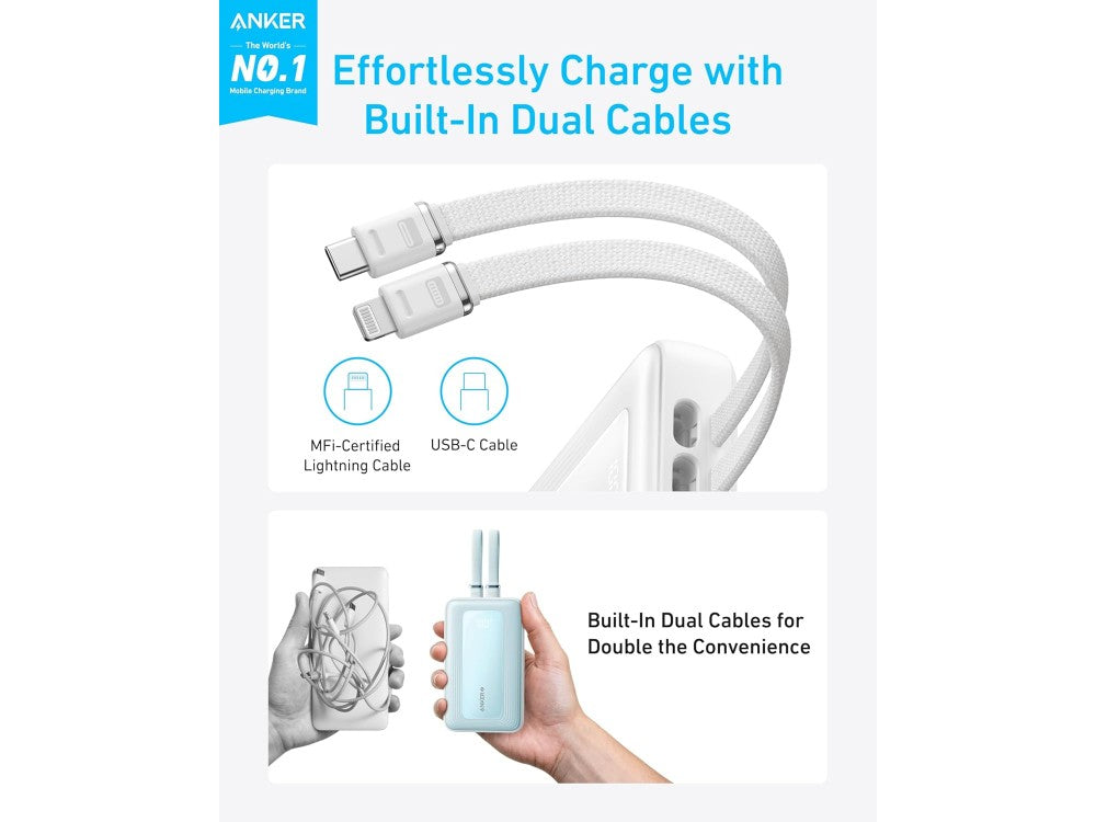 Anker Zolo Power Bank 20,000mAh 30W – 2 Built-in Cables (USB-C + Lightning MFi), USB-A & USB-C, White – view 2
