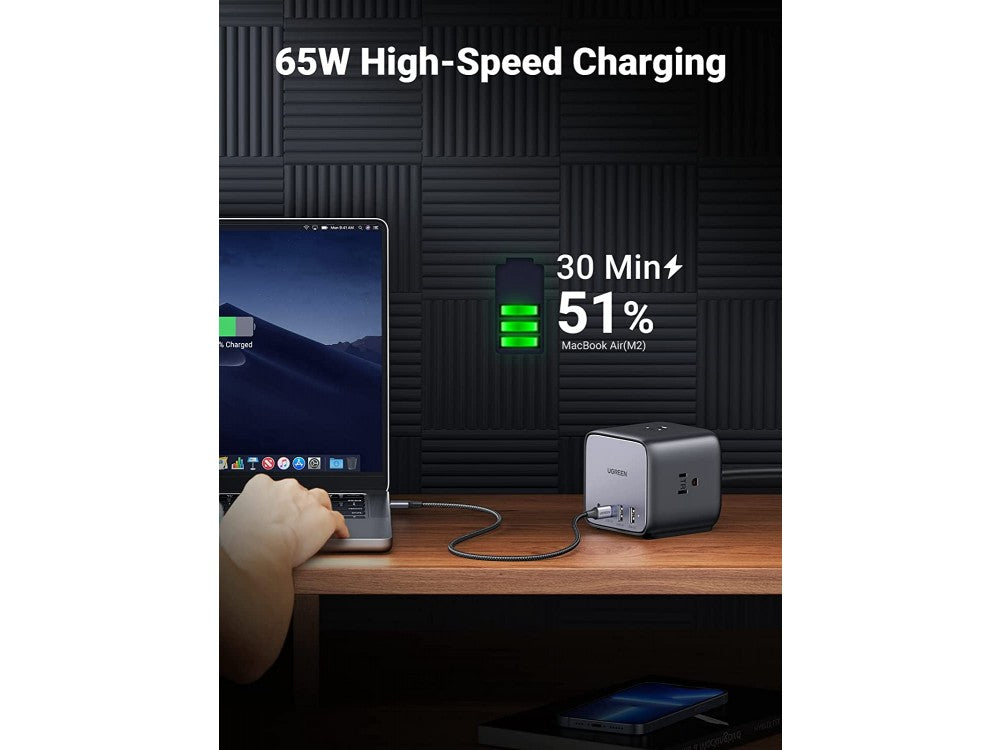 Ugreen DigiNest Cube 7-in-1 Power Strip 65W – 3 AC Outlets, 2× USB-C PD/PPS, 2× USB-A, Black – view 2