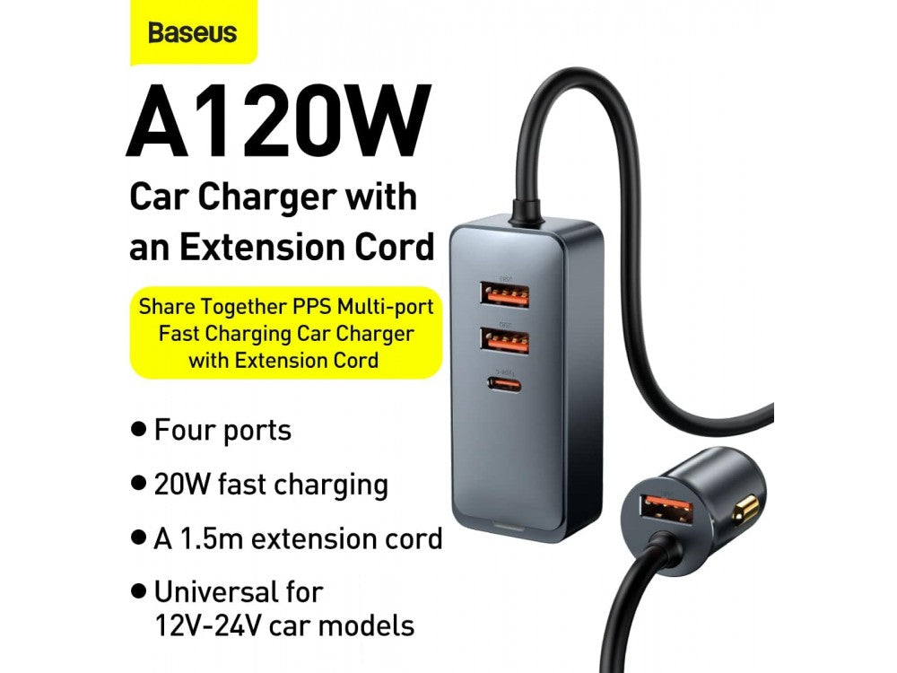 Baseus 120W Car Charger 3× USB-A + 1× USB-C with 1.5m Cable, Grey – view 2