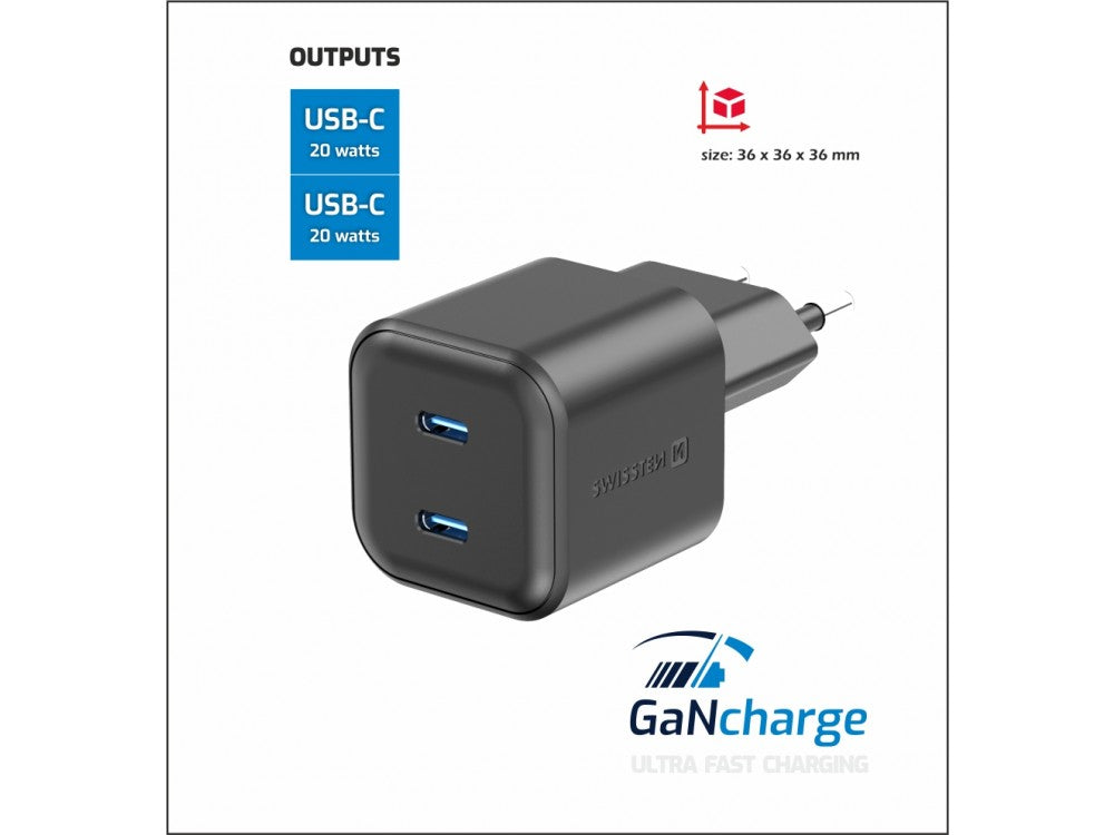 Swissten 20W GaN 2-Port USB-C Wall Charger – PD & PPS, Black – view 2