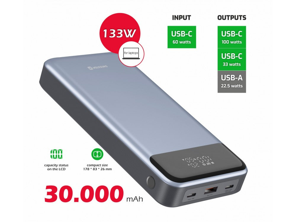 Swissten Power Bank 30000mAh 133W – USB-C PD 100W + USB-C PD 33W + USB-A QC 22.5W, Grey – view 2