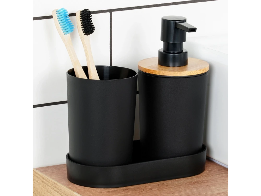 Vilde 3-Piece Bamboo Bathroom Accessory Set – Soap Dish, Toothbrush Cup, Black Finish – view 2