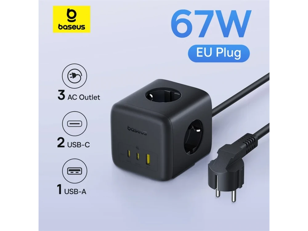 Baseus EnerFill FA11 GaN Cube Power Strip – 3 AC + 2 USB-C 67W PD + USB-A 18W, Black – view 2