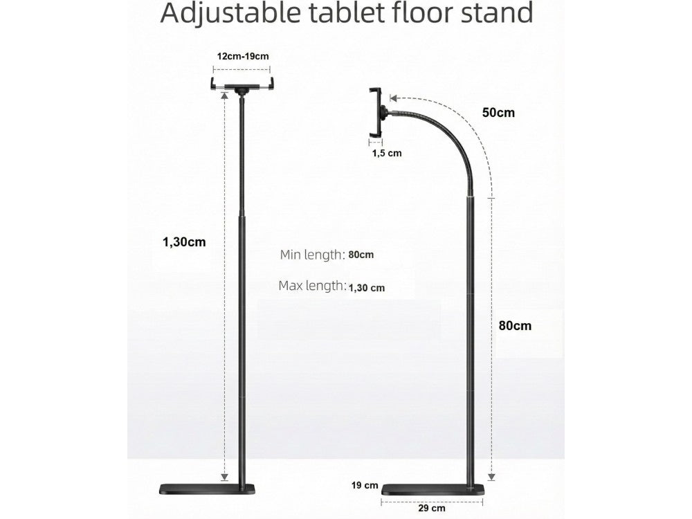 AJ Tablet Floor Stand – Gooseneck Flexible Arm, Adjustable Height, Black – view 2
