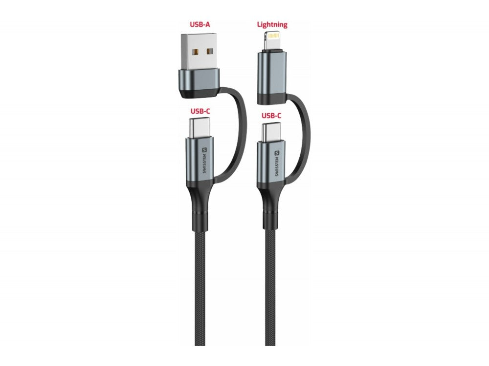 Swissten Textile 4-in-1 Cable 1.5m – 2× USB-C + USB-A + Lightning, Nylon Braided, Black – view 2