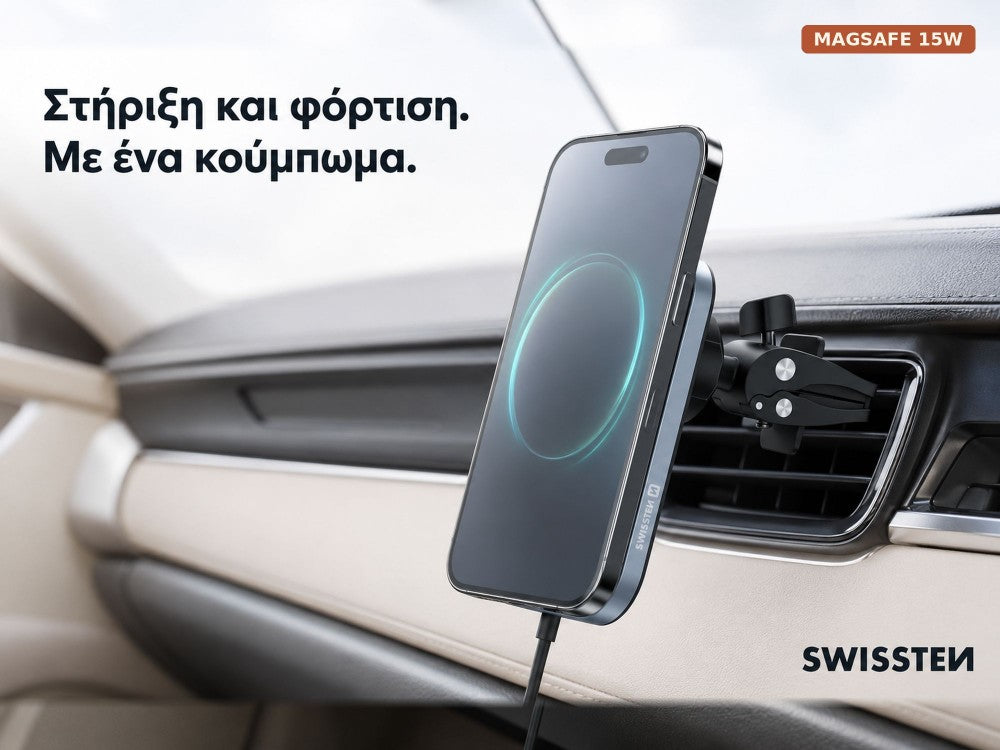 Swissten 2-in-1 Magnetic Car Holder with MagSafe Wireless Charging 15W – Vent Mount, Black – view 2