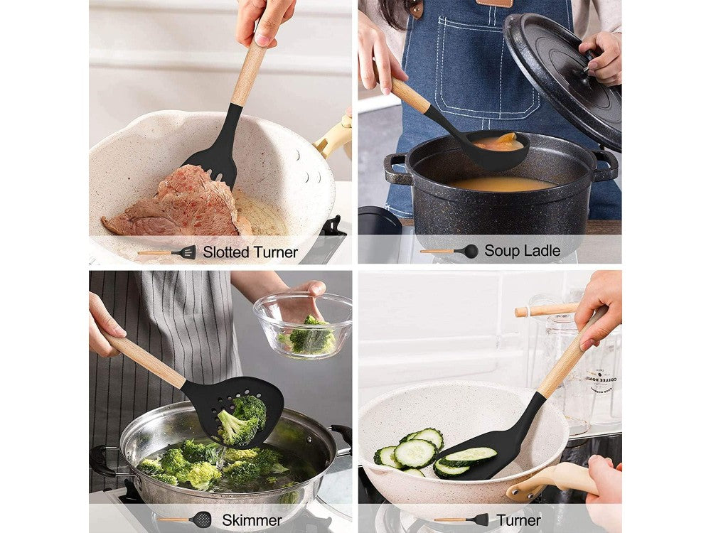 AJ 14-Piece Silicone Kitchen Utensil Set with Stainless Steel Handles, Black – view 2