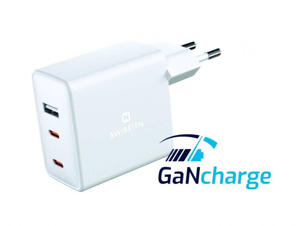 Swissten GaN 70W 3-Port Wall Charger – 2× USB-C PD, USB-A, White – view 2