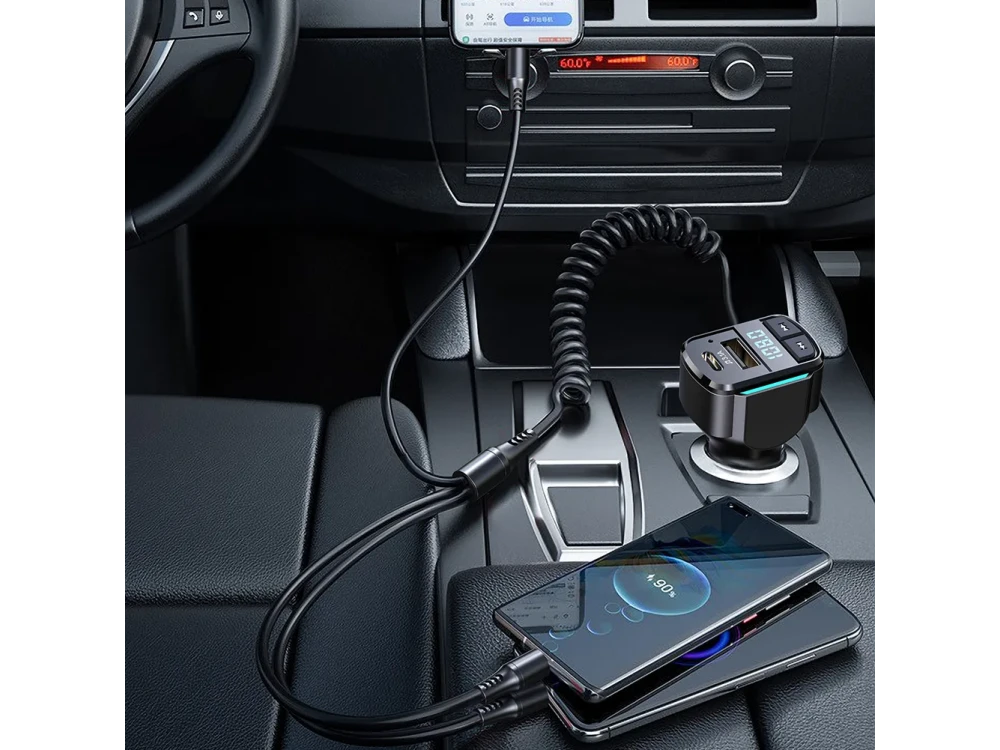 AJ Car FM Transmitter Bluetooth Handsfree & QC3.0 Charger – 3-in-1 Cable, LED Display, USB – view 2