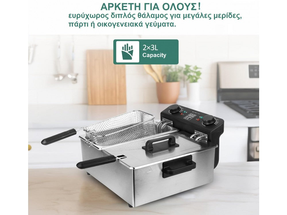 Emerio Dual Chamber Oil Fryer 3300W – 2× 3L Stainless Steel Tanks, PFAS-Free, Cold Zone, Silver – view 2