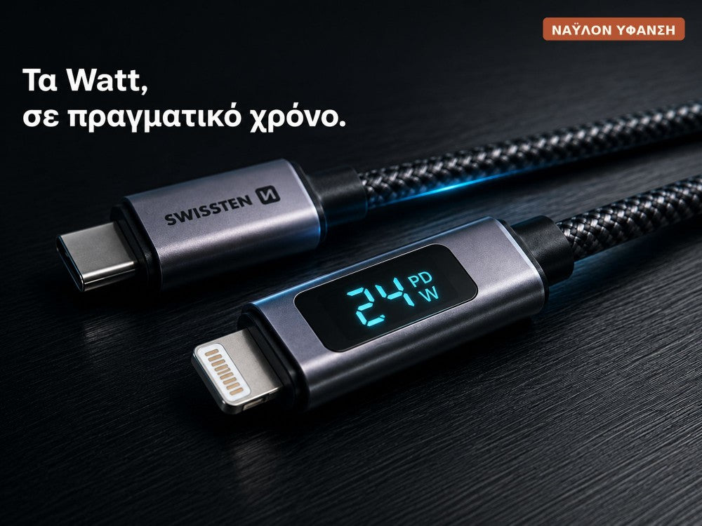 Swissten USB-C to Lightning Cable 1.5m 30W with LCD Display – Nylon Braided, Black – view 3