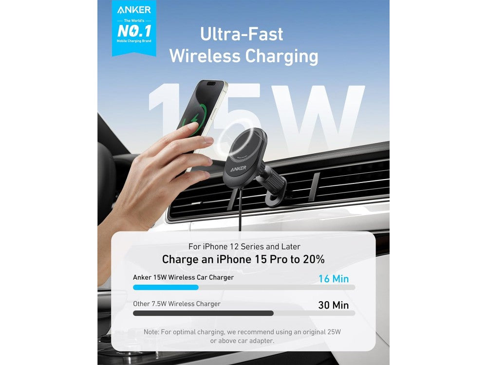 Anker MagSafe Wireless Magnetic Car Charger 15W for iPhone 14/15 with Vent Mount, USB-C Cable & 25W Adapter – view 3