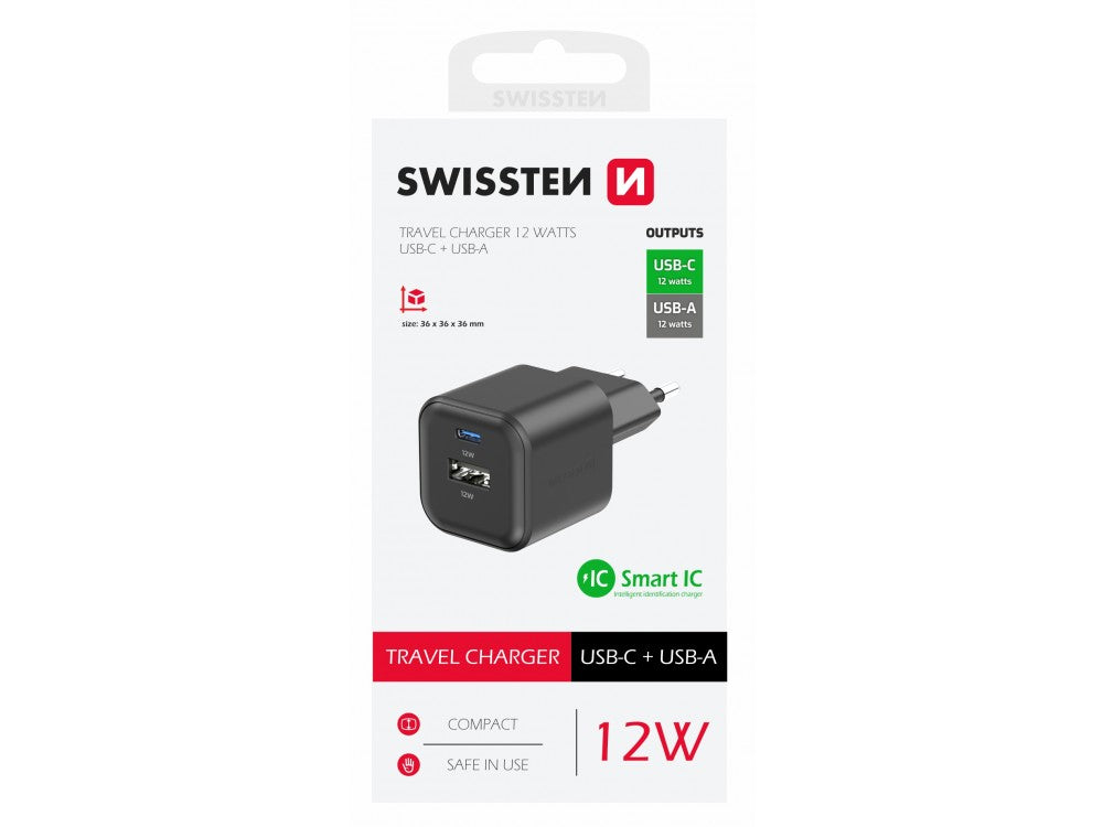 Swissten Compact Wall Charger 12W – USB-C + USB-A, SMART IC, Black – view 3