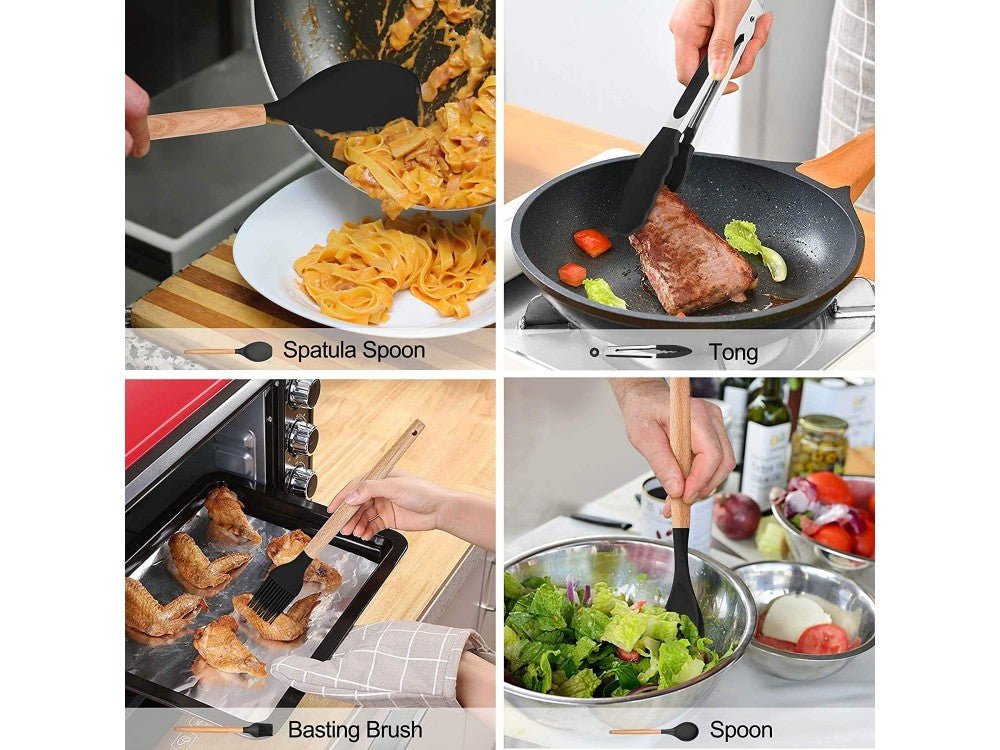AJ 14-Piece Silicone Kitchen Utensil Set with Stainless Steel Handles, Black – view 3