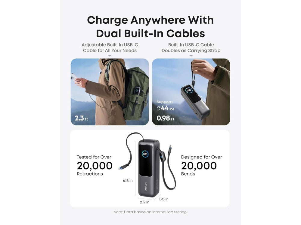 Anker Laptop Power Bank 25000mAh 165W – 3× USB-C 100W, USB-A, Built-in Cables, LED Display, Black – view 3
