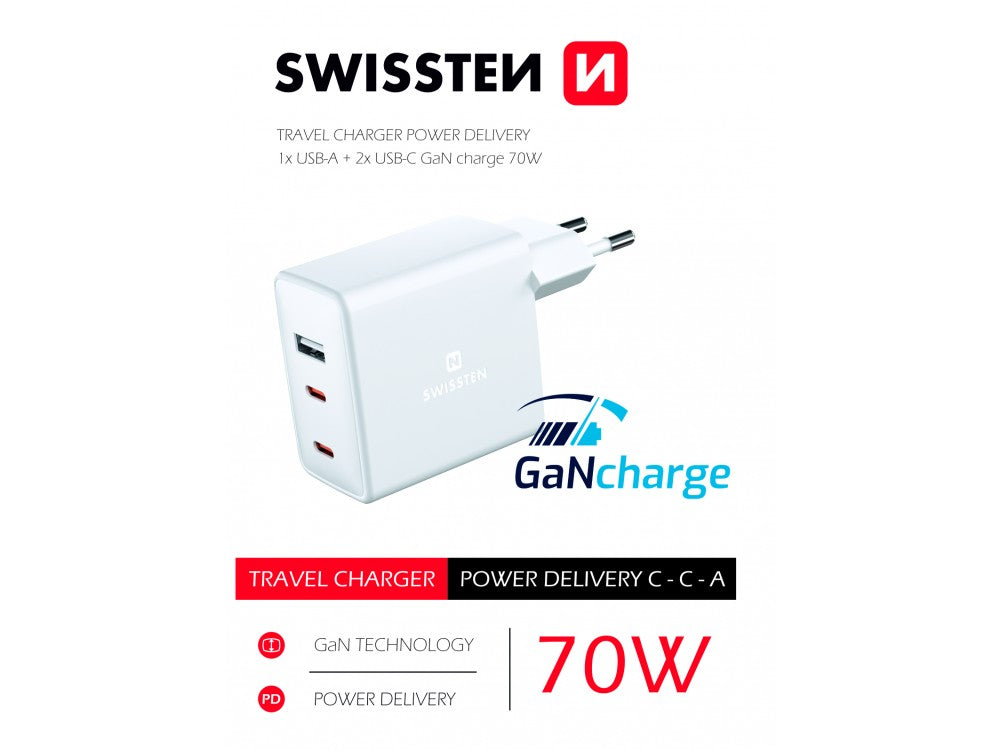 Swissten GaN 70W 3-Port Wall Charger – 2× USB-C PD, USB-A, White – view 3
