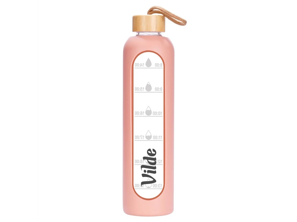 Vilde Glass Water Bottle 1L with Time Markings, Airtight Bamboo Lid & Silicone Sleeve – Pink – view 3