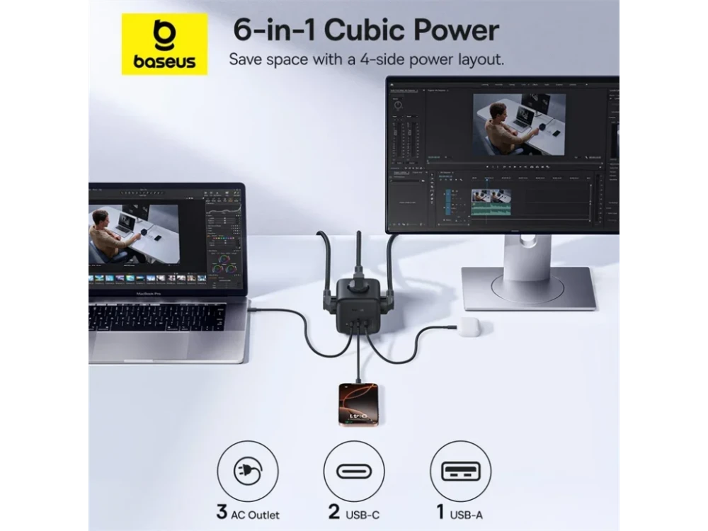 Baseus EnerFill FA11 GaN Cube Power Strip – 3 AC + 2 USB-C 67W PD + USB-A 18W, Black – view 3