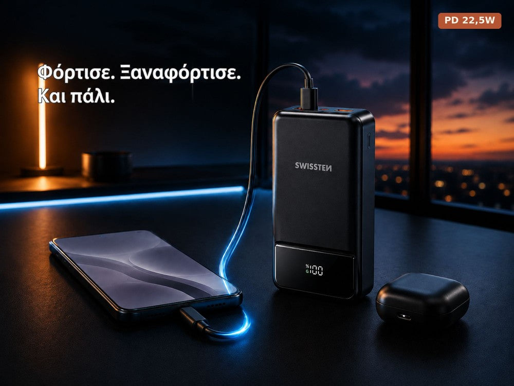 Swissten Power Line II 20000mAh 22.5W PD Power Bank – 3 Ports, LED Display, Black – view 3