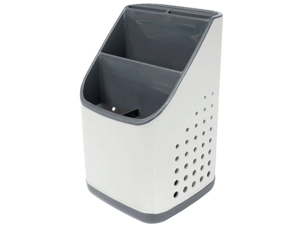 Vilde Cutlery Drainer / Holder with 3 Compartments + 7 Knife Slots, 14×14×23 cm – White / Grey – view 3