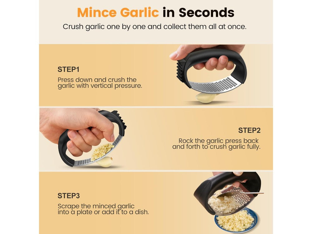 AJ Garlic Press – Stainless Steel 304 with Silicone Grip, Black – view 3