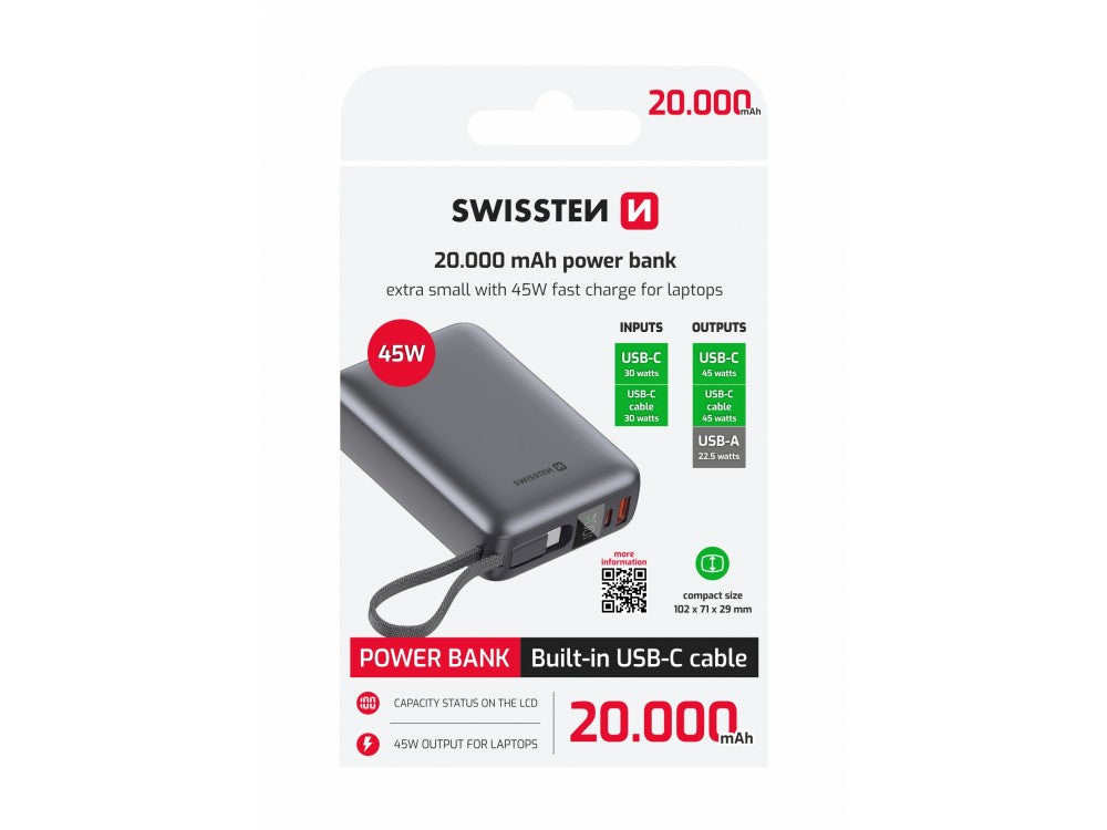 Swissten Space Power Bank 20000mAh 45W with USB-A, USB-C + Built-in USB-C Cable – Black – view 3