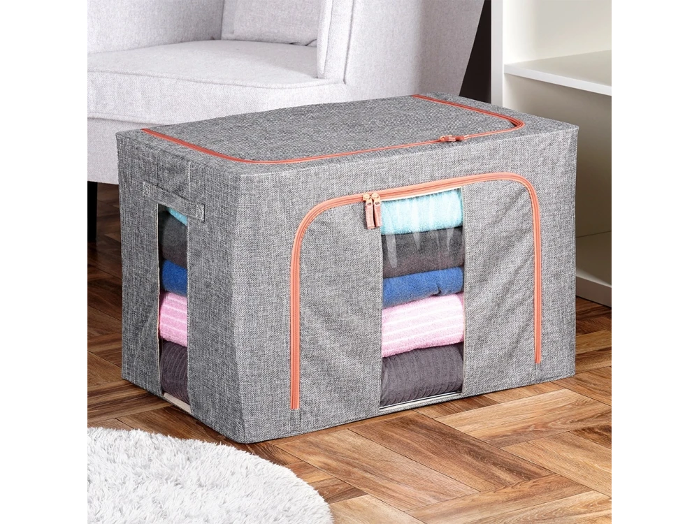 Vilde Fabric Storage Box 100L 60×42×40cm – Transparent Windows, Metal Frame, Grey – view 3