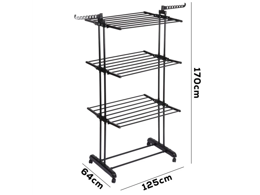 Vilde Vertical Drying Rack 3-Tier 78×64×170cm with Wheels & Hangers, Black – view 3