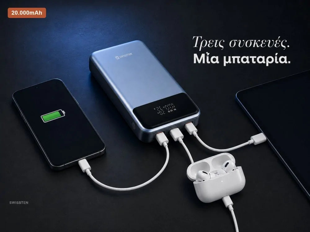 Swissten Laptop Power Bank 20000mAh 100W – USB-C PD + 2× USB-A QC 3.0, Grey – view 3