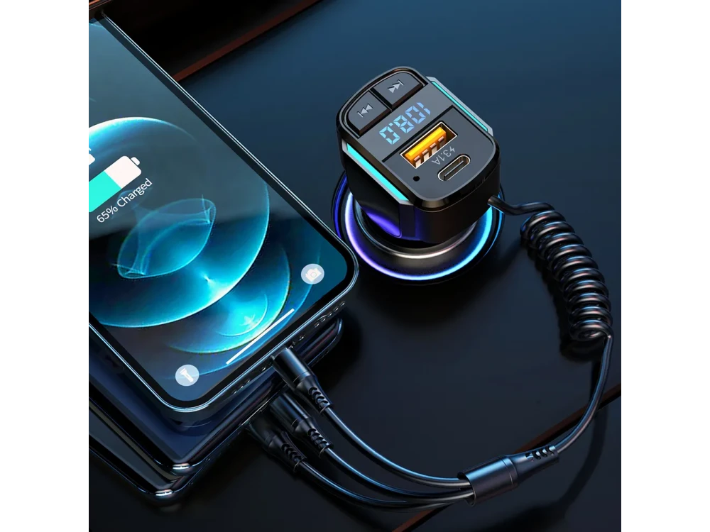 AJ Car FM Transmitter Bluetooth Handsfree & QC3.0 Charger – 3-in-1 Cable, LED Display, USB – view 3